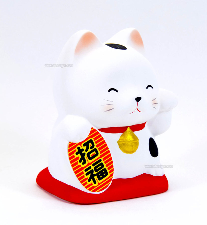 Maneki Neko Argile Blanc Tirelire -Chat japonais porte-bonheur