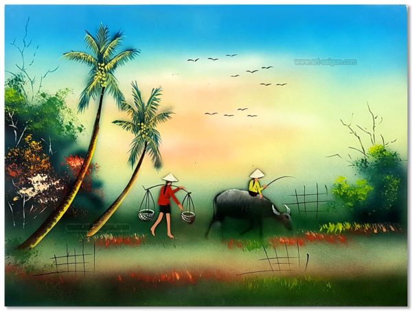 Campagne du Vietnam tableau en bois laqué peint artisanat traditionnel du Vietnam par Art Saigon