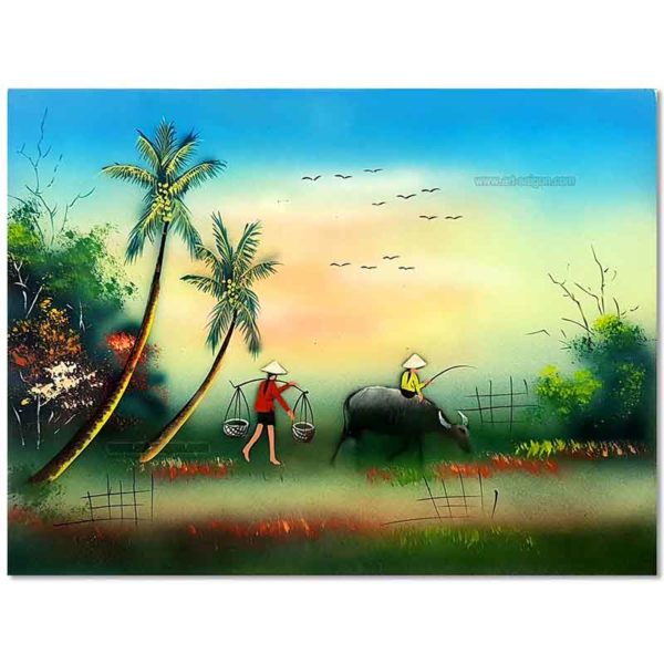 Campagne du Vietnam tableau en bois laqué peint artisanat traditionnel du Vietnam par Art Saigon