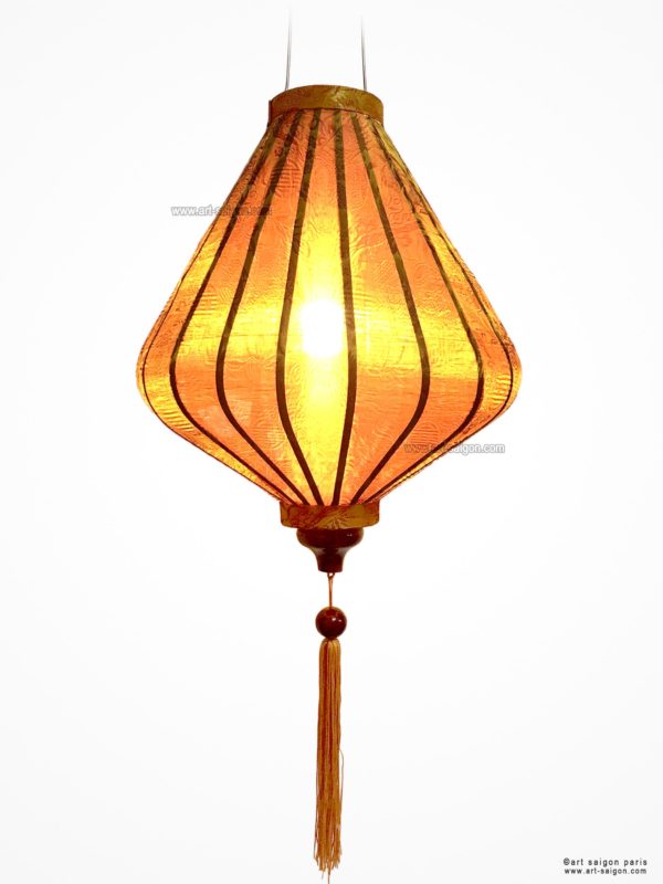 Lampion Traditionnel en Soie Marron de la ville de Hoi An au Vietnam, Lanterne Asiatique en Tissu, Bambou et Bois. Article vendu par la Boutique Art-saigon.com