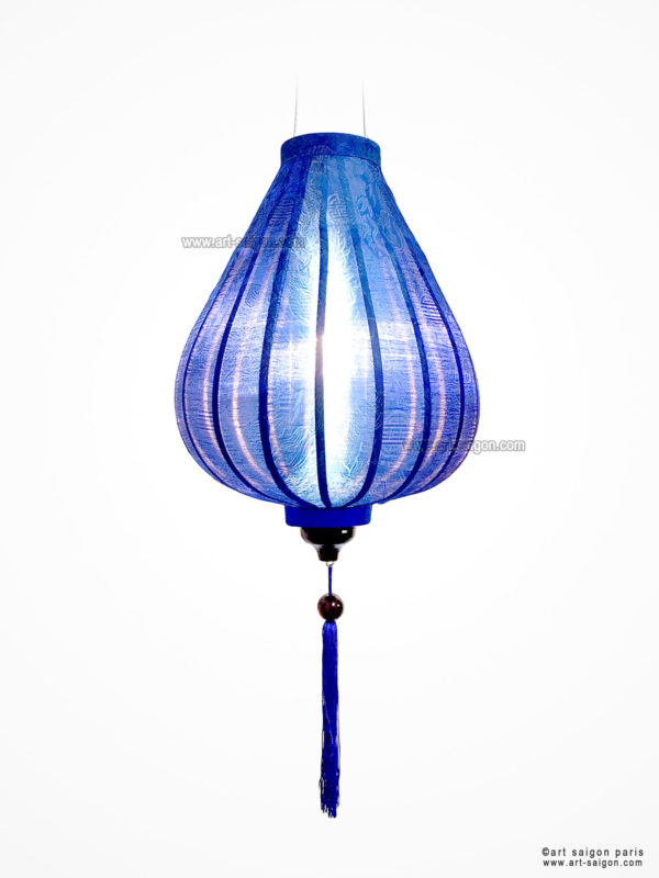 Lampion Traditionnel en Soie Bleu de la ville de Hoi An au Vietnam, Lanterne Asiatique en Tissu, Bambou et Bois |Décoration et Artisanat Asiatique - Article vendu par la Boutique Art-saigon.com