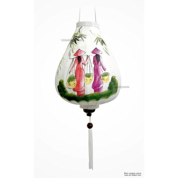 Lampion en Tissu de Lin de la ville de Hoi An au Vietnam peint à la main. Lanterne Asiatique en Tissu, Bambou et Bois. Article vendu par la Boutique Art-saigon.com