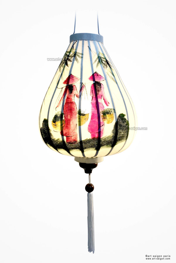 Lampion en Tissu de Lin de la ville de Hoi An au Vietnam peint à la main. Lanterne Asiatique en Tissu, Bambou et Bois. Article vendu par la Boutique Art-saigon.com
