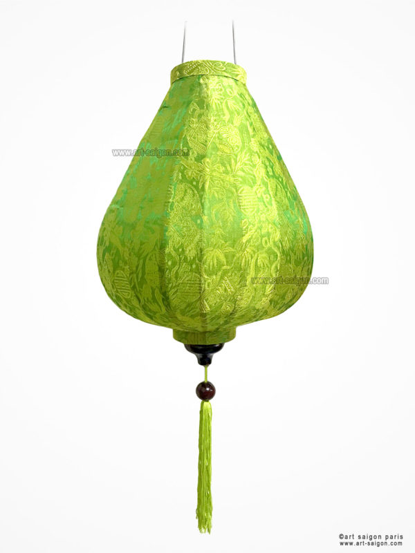 Lampion Traditionnel en Soie Vert de la ville de Hoi An au Vietnam, Lanterne Asiatique en Tissu, Bambou et Bois |Décoration et Artisanat Asiatique - Article vendu par la Boutique Art-saigon.com