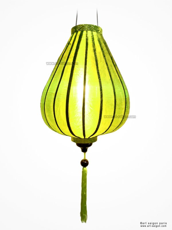 Lampion Traditionnel en Soie Vert de la ville de Hoi An au Vietnam, Lanterne Asiatique en Tissu, Bambou et Bois |Décoration et Artisanat Asiatique - Article vendu par la Boutique Art-saigon.com