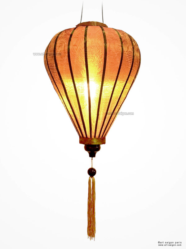 Lampion en Soie Marron de la ville de Hoi An au Vietnam, Lanterne Asiatique en Tissu, Bambou et Bois. Article vendu par la Boutique Art-saigon.com