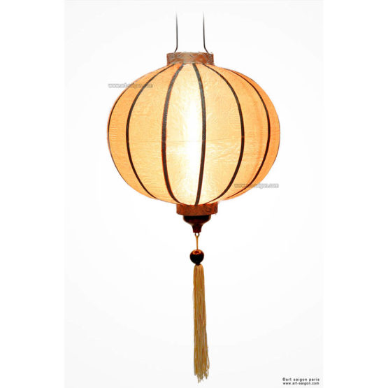 Lampion Traditionnel en Soie Beige de la ville de Hoi An au Vietnam, Lanterne Asiatique en Tissu, Bambou et Bois |Décoration et Artisanat Asiatique - Article vendu par la Boutique Art-saigon.com