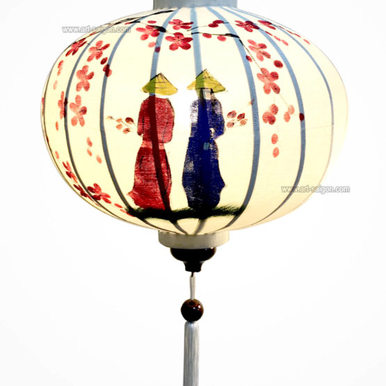 Lampion en Tissu de Lin de la ville de Hoi An au Vietnam peint à la main. Lanterne Asiatique en Tissu, Bambou et Bois. Article vendu par la Boutique Art-saigon.com