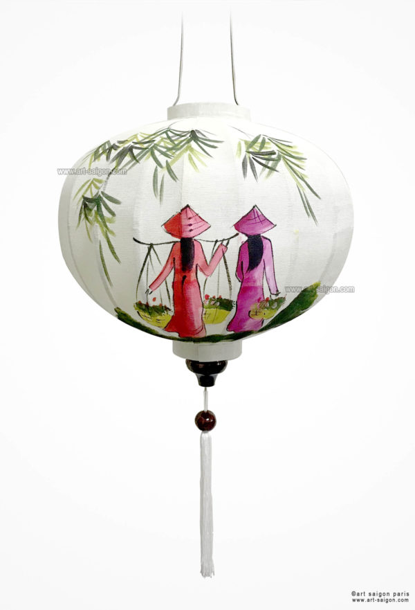 Lampion en Tissu de Lin de la ville de Hoi An au Vietnam peint à la main. Lanterne Asiatique en Tissu, Bambou et Bois. Article vendu par la Boutique Art-saigon.com