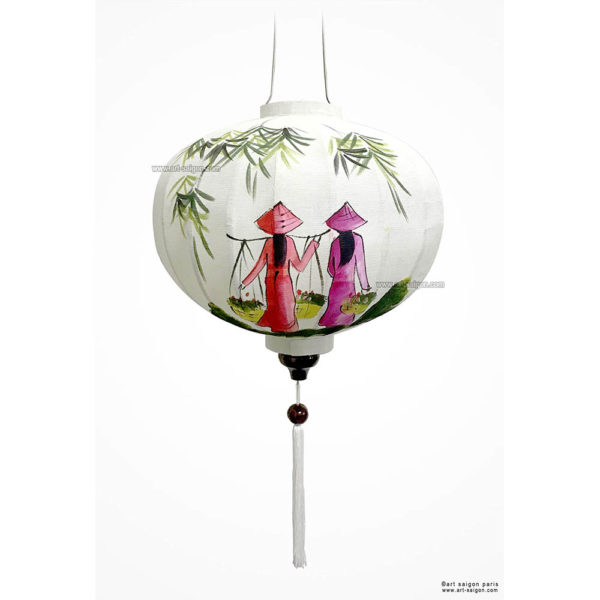 Lampion en Tissu de Lin de la ville de Hoi An au Vietnam peint à la main. Lanterne Asiatique en Tissu, Bambou et Bois. Article vendu par la Boutique Art-saigon.com