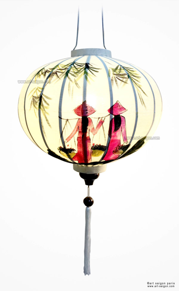 Lampion en Tissu de Lin de la ville de Hoi An au Vietnam peint à la main. Lanterne Asiatique en Tissu, Bambou et Bois. Article vendu par la Boutique Art-saigon.com