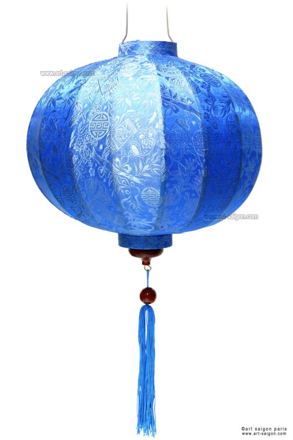 Lampion Traditionnel en Soie Bleu de la ville de Hoi An au Vietnam, Lanterne Asiatique en Tissu, Bambou et Bois |Décoration et Artisanat Asiatique - Article vendu par la Boutique Art-saigon.com