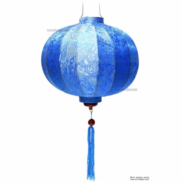 Lampion Traditionnel en Soie Bleu de la ville de Hoi An au Vietnam, Lanterne Asiatique en Tissu, Bambou et Bois |Décoration et Artisanat Asiatique - Article vendu par la Boutique Art-saigon.com
