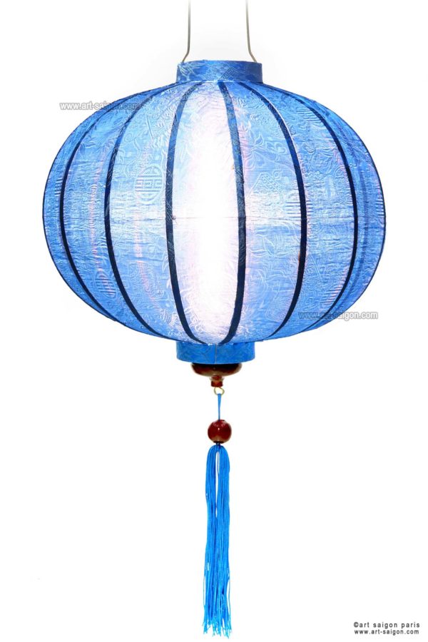 Lampion Traditionnel en Soie Bleu de la ville de Hoi An au Vietnam, Lanterne Asiatique en Tissu, Bambou et Bois |Décoration et Artisanat Asiatique - Article vendu par la Boutique Art-saigon.com