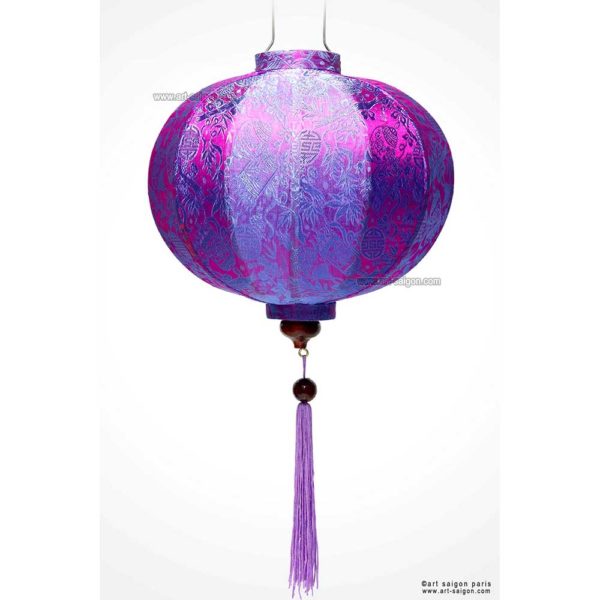 Lampion Traditionnel en Soie Mauve de la ville de Hoi An au Vietnam, Lanterne Asiatique en Tissu, Bambou et Bois |Décoration et Artisanat Asiatique - Article vendu par la Boutique Art-saigon.com