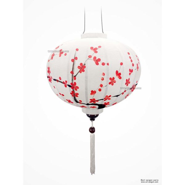 Lampion en Tissu de Lin de la ville de Hoi An au Vietnam peint à la main. Motif Fleur de Cerisier. Lanterne Asiatique en Tissu, Bambou et Bois. Article vendu par la Boutique Art-saigon.com