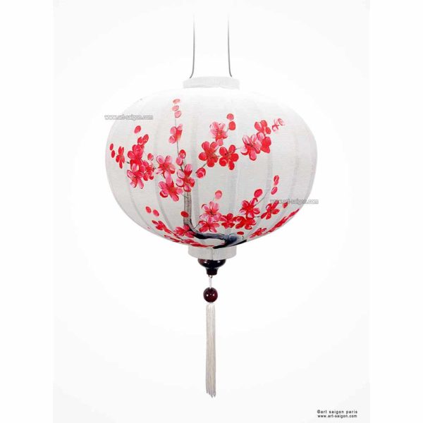 Lampion en Tissu de Lin de la ville de Hoi An au Vietnam peint à la main. Motif Fleur de Cerisier. Lanterne Asiatique en Tissu, Bambou et Bois. Article vendu par la Boutique Art-saigon.com