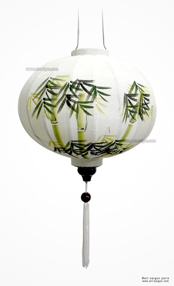 Lampion en Tissu de Lin de la ville de Hoi An au Vietnam peint à la main. Motif Bambou. Lanterne Asiatique en Tissu, Bambou et Bois. Article vendu par la Boutique Art-saigon.com
