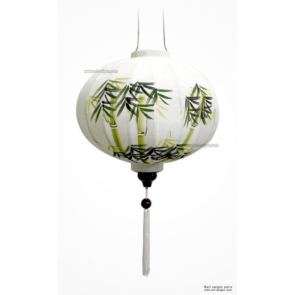 Lampion en Tissu de Lin de la ville de Hoi An au Vietnam peint à la main. Motif Bambou. Lanterne Asiatique en Tissu, Bambou et Bois. Article vendu par la Boutique Art-saigon.com