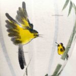 Lampion en Tissu de Lin de la ville de Hoi An au Vietnam peint à la main. Motif Bambou et Couple d'oiseaux. Lanterne Asiatique en Tissu, Bambou et Bois. Article vendu par la Boutique Art-saigon.com