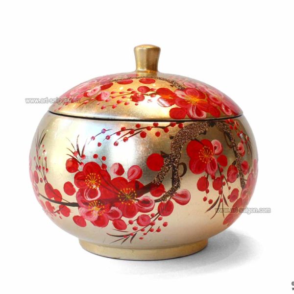 Boite Ronde en Bois Laqué Doré, Motif Fleurs de Cerisier Rouges. Décoration et Artisanat du Vietnam. Article vendu par la Boutique Art-saigon.com