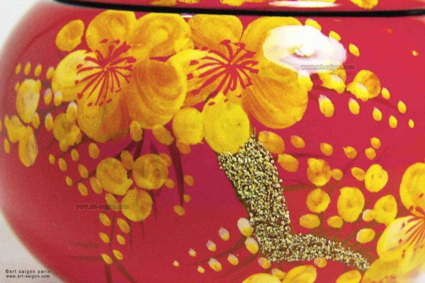Boite Ronde en Bois Laqué, Motif Fleurs de Cerisier. Décoration et Artisanat du Vietnam. Article vendu par la Boutique Art-saigon.com