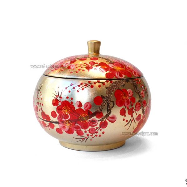 Boite Ronde en Bois Laqué Doré, Motif Fleurs de Cerisier Rouges. Décoration et Artisanat du Vietnam. Article vendu par la Boutique Art-saigon.com