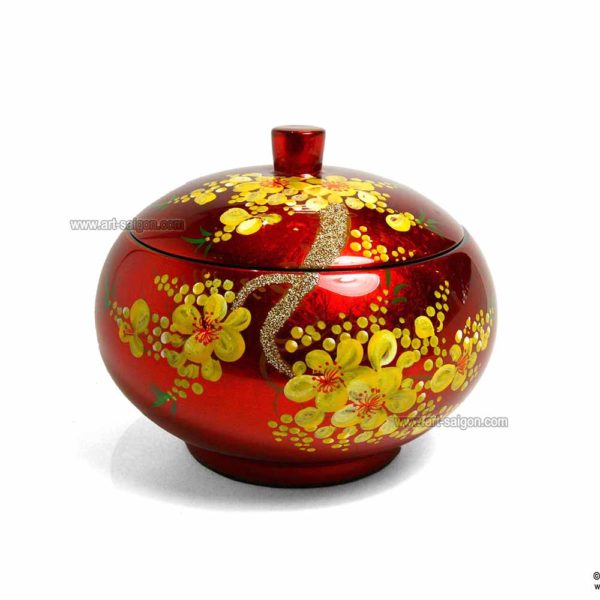 Boite Ronde en Bois Laqué Rouge, Motif Fleurs de Cerisier Jaunes. Décoration et Artisanat du Vietnam. Article vendu par la Boutique Art-saigon.com
