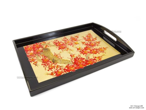 Plateau en Bois Laqué Doré, Motif Fleurs de Cerisier Rouges. Décoration et Artisanat du Vietnam. Article vendu par la Boutique Art-saigon.com