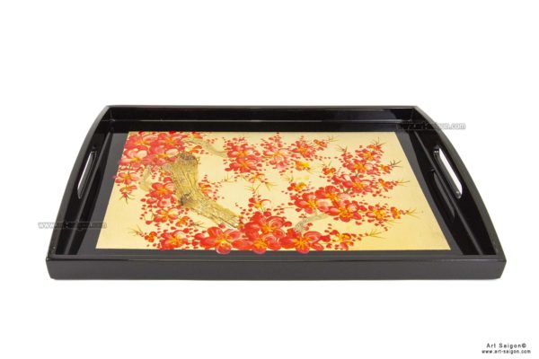 Plateau en Bois Laqué Doré, Motif Fleurs de Cerisier Rouges. Décoration et Artisanat du Vietnam. Article vendu par la Boutique Art-saigon.com