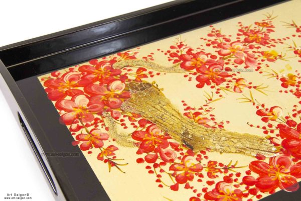 Plateau en Bois Laqué Doré, Motif Fleurs de Cerisier Rouges. Décoration et Artisanat du Vietnam. Article vendu par la Boutique Art-saigon.com