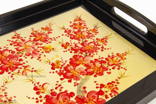 Plateau en Bois Laqué Doré, Motif Fleurs de Cerisier Rouges. Décoration et Artisanat du Vietnam. Article vendu par la Boutique Art-saigon.com