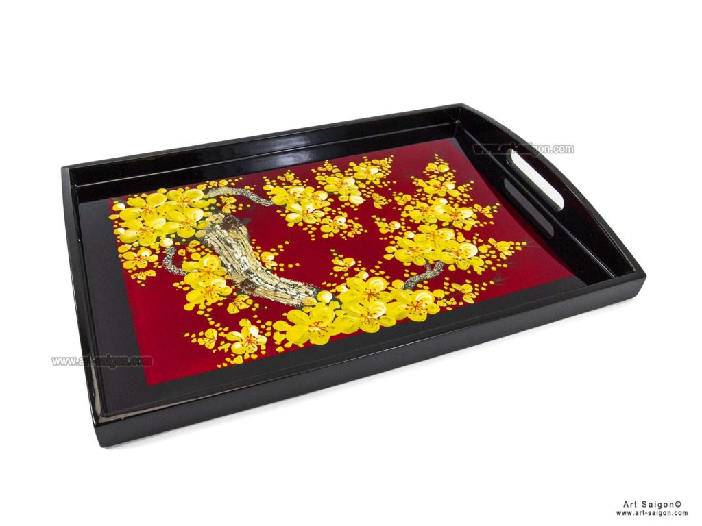 Plateau en Bois Laqué Rouge, Motif Fleurs de Cerisier Jaunes. Décoration et Artisanat du Vietnam. Article vendu par la Boutique Art-saigon.com