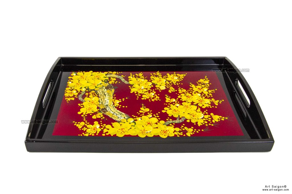 Plateau en Bois Laqué Rouge, Motif Fleurs de Cerisier Jaunes. Décoration et Artisanat du Vietnam. Article vendu par la Boutique Art-saigon.com
