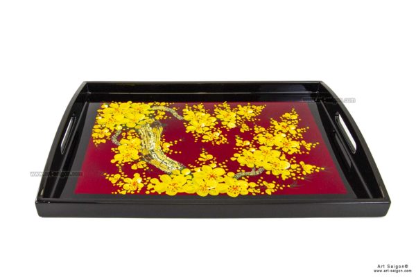 Plateau en Bois Laqué Rouge, Motif Fleurs de Cerisier Jaunes. Décoration et Artisanat du Vietnam. Article vendu par la Boutique Art-saigon.com