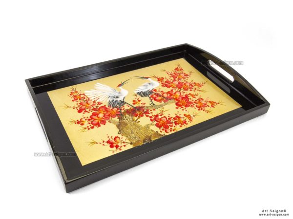 Plateau en Bois Laqué Doré, Motif Couple de Grues et Fleurs de Cerisier Rouges. Décoration et Artisanat du Vietnam. Article vendu par la Boutique Art-saigon.com