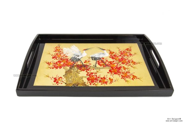 Plateau en Bois Laqué Doré, Motif Couple de Grues et Fleurs de Cerisier Rouges. Décoration et Artisanat du Vietnam. Article vendu par la Boutique Art-saigon.com