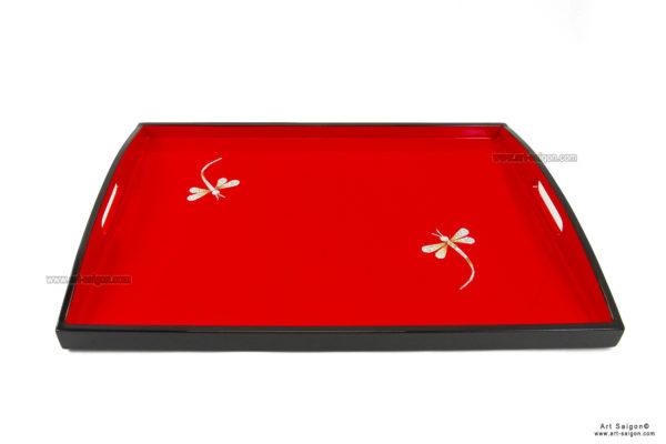 Plateau en Bois Laqué Rouge, Motif Couple Libellule. Décoration et Artisanat du Vietnam. Article vendu par la Boutique Art-saigon.com