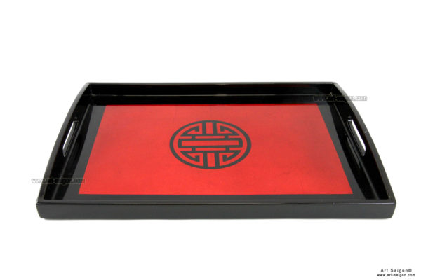 Plateau en Bois Laqué Rouge, Symbole Longévité. Décoration et Artisanat du Vietnam. Article vendu par la Boutique Art-saigon.com