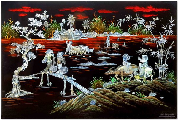 Tableau en Bois Laqué en Nacre, Motif Campagne du Vietnam. Décoration et Artisanat du Vietnam. Article vendu par la Boutique Art-saigon.com