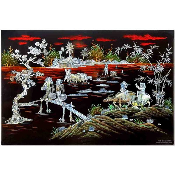 Tableau en Bois Laqué en Nacre, Motif Campagne du Vietnam. Décoration et Artisanat du Vietnam. Article vendu par la Boutique Art-saigon.com