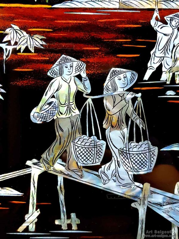 Tableau en Bois Laqué en Nacre, Motif Campagne du Vietnam. Décoration et Artisanat du Vietnam. Article vendu par la Boutique Art-saigon.com