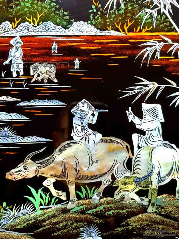Tableau en Bois Laqué en Nacre, Motif Campagne du Vietnam. Décoration et Artisanat du Vietnam. Article vendu par la Boutique Art-saigon.com