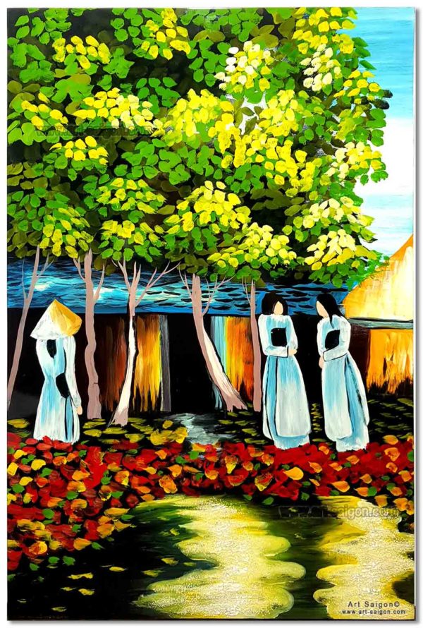 Tableau en Bois Laqué Peint, Motif Étudiantes Vietnamiennes. Décoration et Artisanat du Vietnam. Article vendu par la Boutique Art-saigon.com