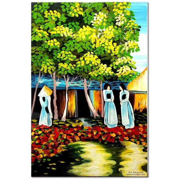 Tableau en Bois Laqué Peint, Motif Étudiantes Vietnamiennes. Décoration et Artisanat du Vietnam. Article vendu par la Boutique Art-saigon.com