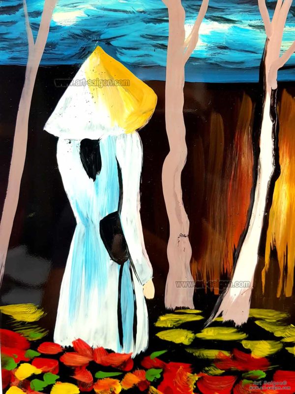 Tableau en Bois Laqué Peint, Motif Étudiantes Vietnamiennes. Décoration et Artisanat du Vietnam. Article vendu par la Boutique Art-saigon.com
