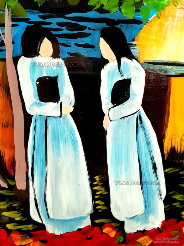 Tableau en Bois Laqué Peint, Motif Étudiantes Vietnamiennes. Décoration et Artisanat du Vietnam. Article vendu par la Boutique Art-saigon.com