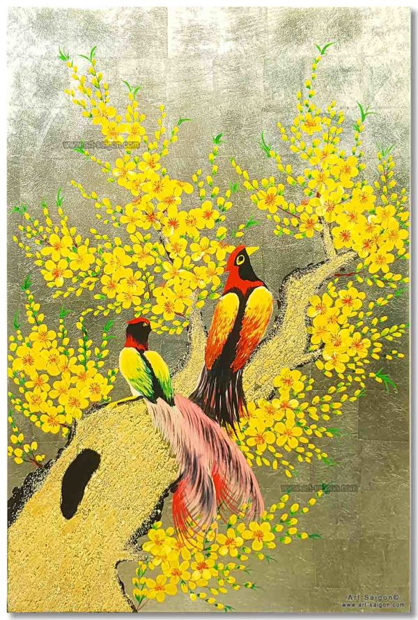 Tableau en Bois Laqué Doré, Motif Couple d'Oiseaux et Fleurs de Cerisier. Décoration et Artisanat du Vietnam. Article vendu par la Boutique Art-saigon.com