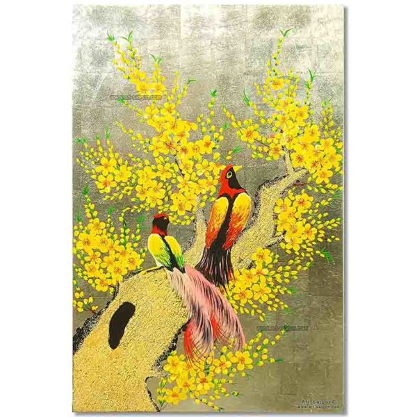 Tableau en Bois Laqué Doré, Motif Couple d'Oiseaux et Fleurs de Cerisier. Décoration et Artisanat du Vietnam. Article vendu par la Boutique Art-saigon.com