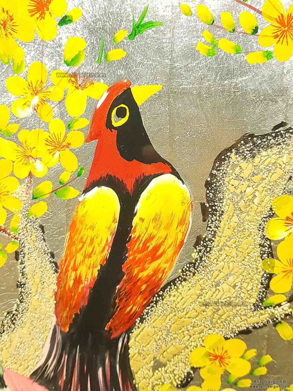 Tableau en Bois Laqué Doré, Motif Couple d'Oiseaux et Fleurs de Cerisier. Décoration et Artisanat du Vietnam. Article vendu par la Boutique Art-saigon.com